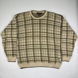 Vintage Liberty Sweaters Plaid Knit Sweater Green Cream Grandpa Style USA L